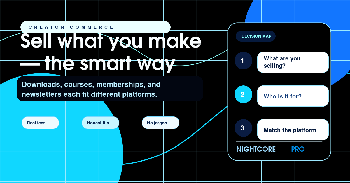 Nightcore Pro creator commerce path map showing checkout, products, funnels, courses, and communities branching from one decision.